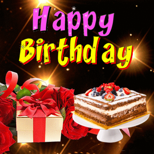 Happy Birthday - A cake with gift and flowers