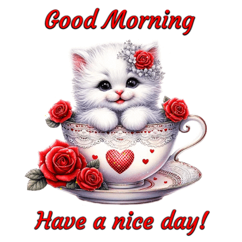 Good morning GIF with cute kitten sitting in a tea cup