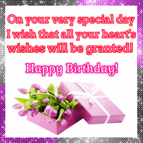 Happy Birthday GIF with purple tulips and greetings