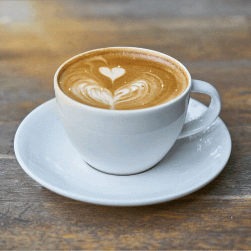 Good morning animated GIF with coffee cup and heart foam