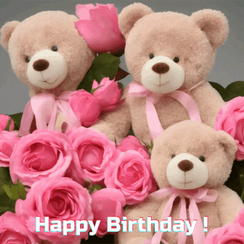 Happy Birthday GIF with teddy bears and pink roses