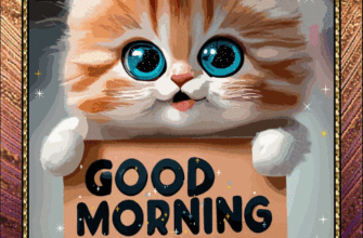 Good morning GIF with cute kitten holding sign