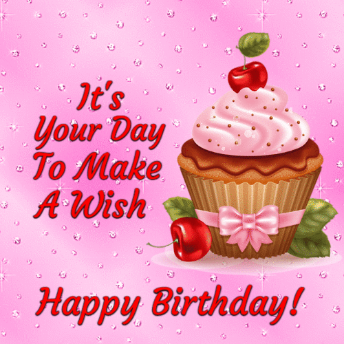 Happy Birthday GIF with cupcake and make a wish message