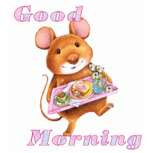 Good morning GIF with a cute mouse carrying breakfast tray