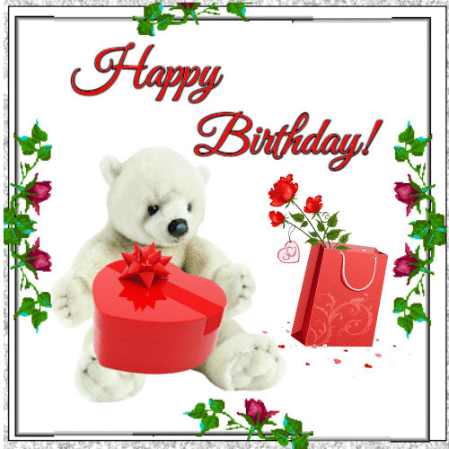 Happy Birthday GIF with teddy bear, gift and flowers